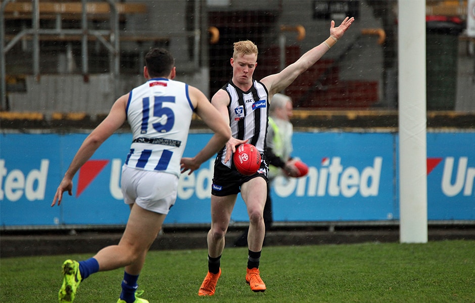 190629_940_Noble.jpg John Noble was impressive in his second match for the Pies, leading the team's disposal count. Photo: Shane Barrie - Collingwood Magpies,Collingwood,VFL,Ben Crocker,John Noble